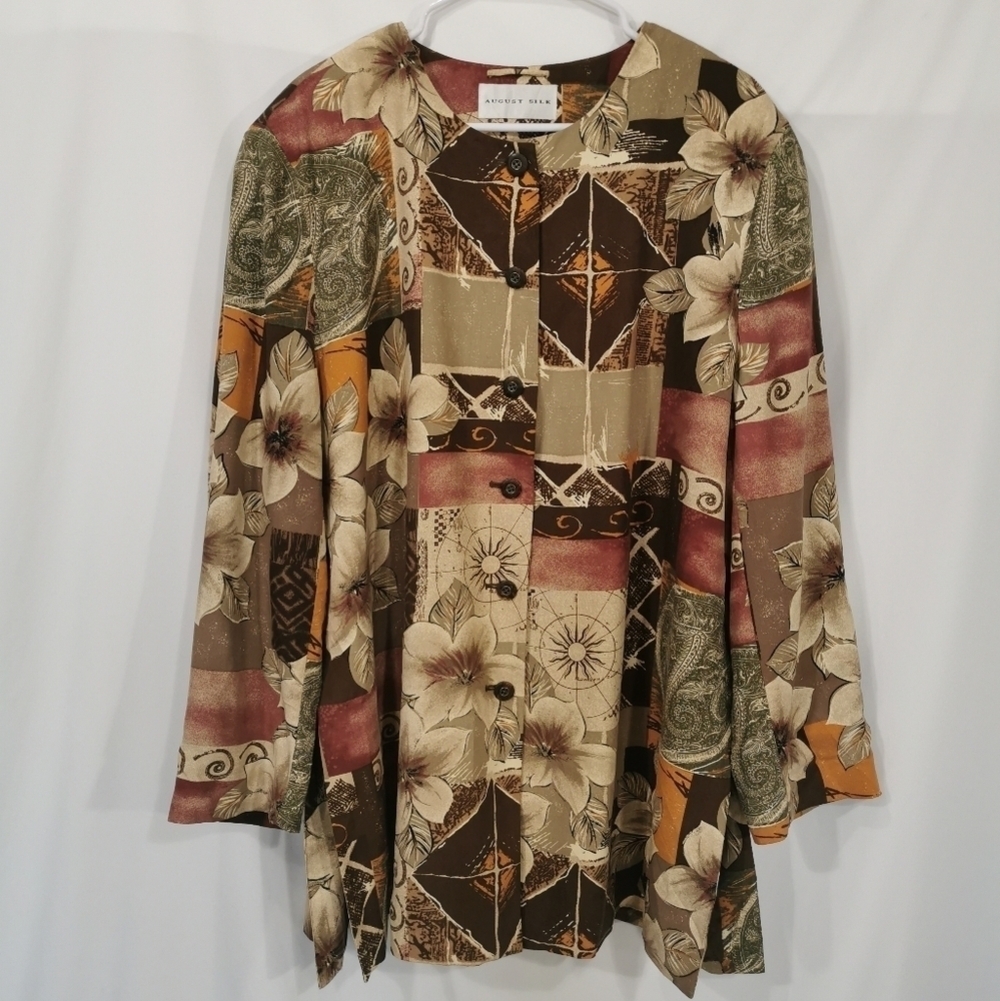 August Silk 100% Silk Collarless Patchwork Floral Button Front Jacket - Sz 18